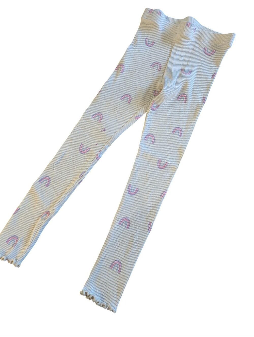 👉10/10$ Kids White Ribbed Leggings with Pink Rainbow Print